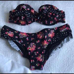 Pink and black ruffle bikini